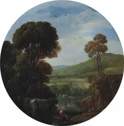 Waldige Flusslandschaft mit Treibern und ihrem Vieh